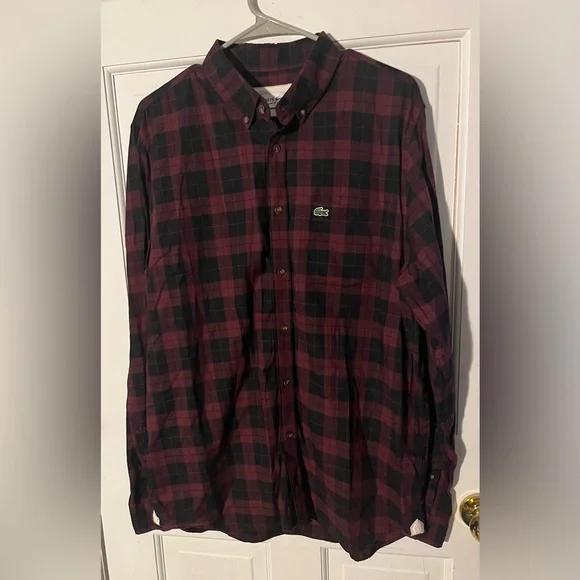 Lacoste Men's Maroon and Black Plaid Button Shirt Size Large - Picture 2 of 12
